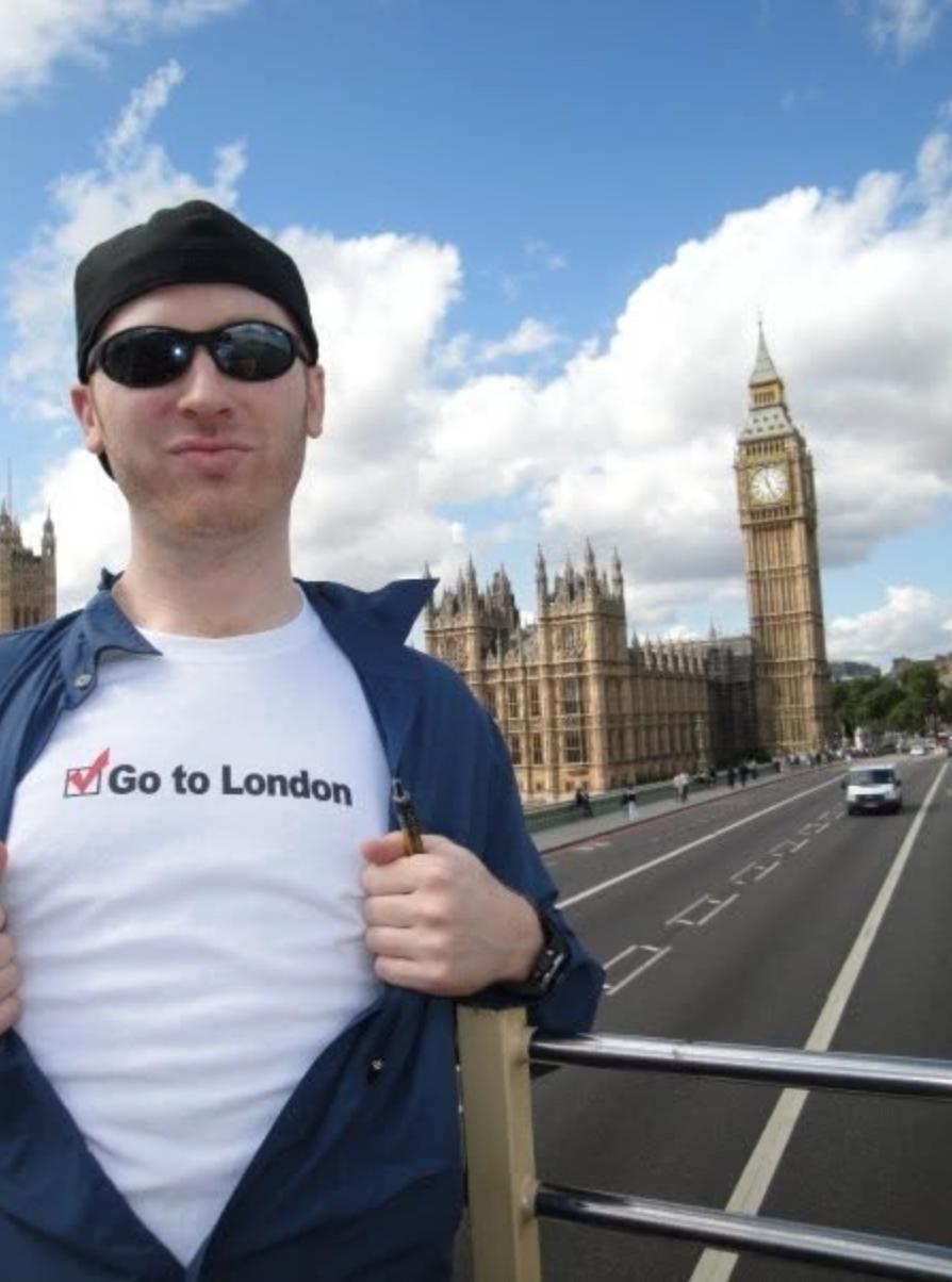 The original Go to London achievement shirt near Big Ben in 2009